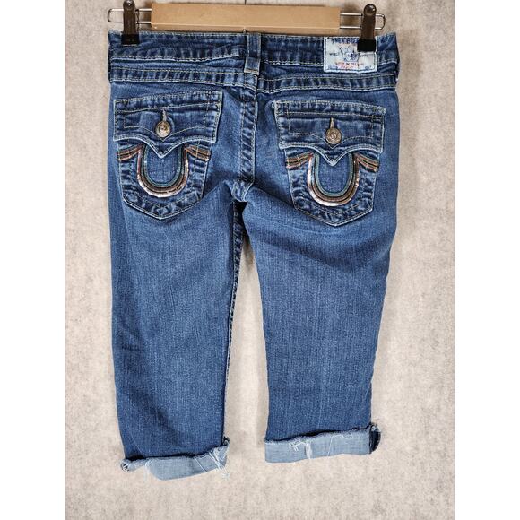 TRUE RELIGION Women's Blue Colorful Back Details Cut-off Jean Jorts Shorts SZ 27 - Picture 2 of 6